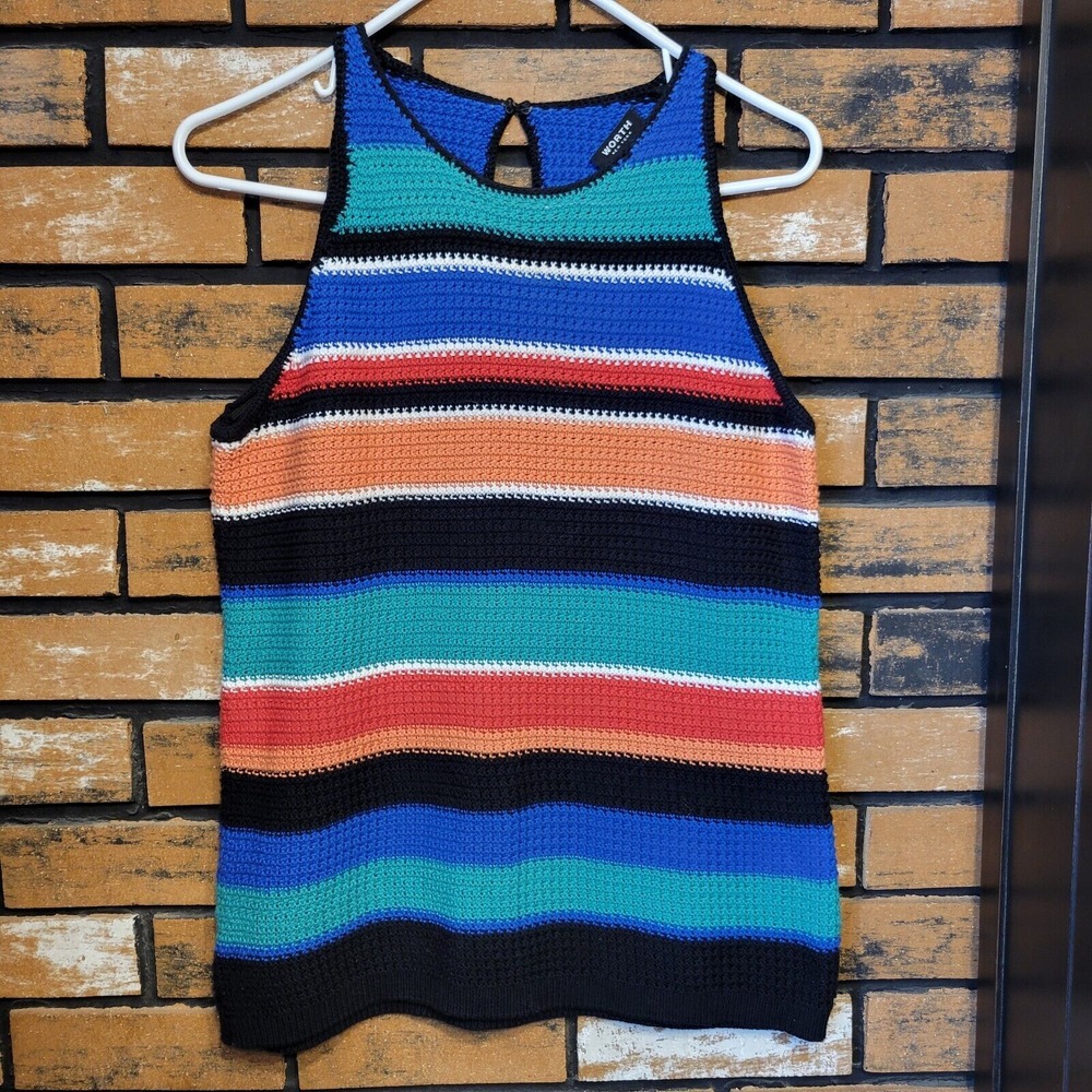 Worth New York Knit Yarn Multi Color Stripe Cotton Tank Top Size M‎ Flawed